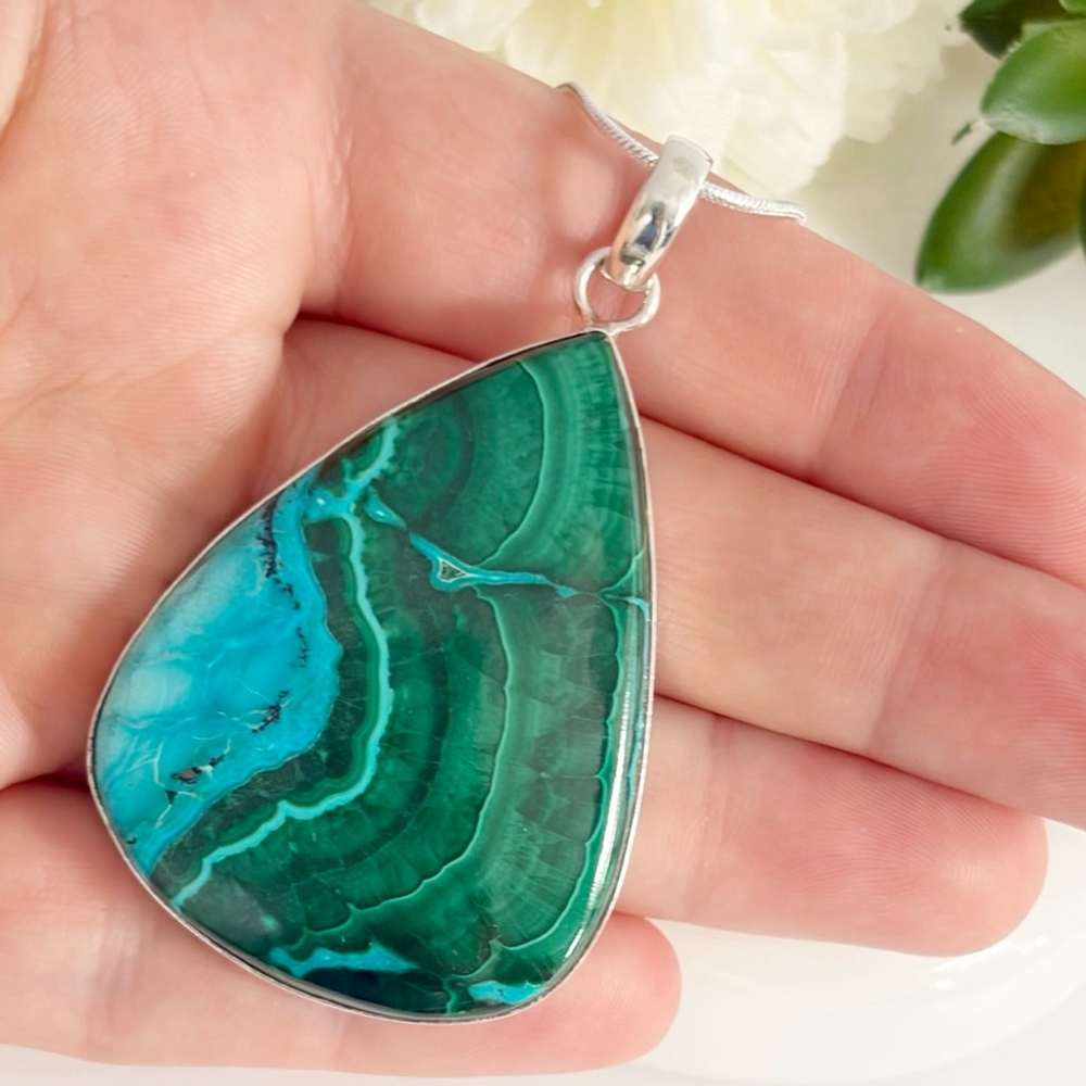 Pure Sterling Silver 925 XL Top Quality Malachite Chrysocolla Pendant Pear New